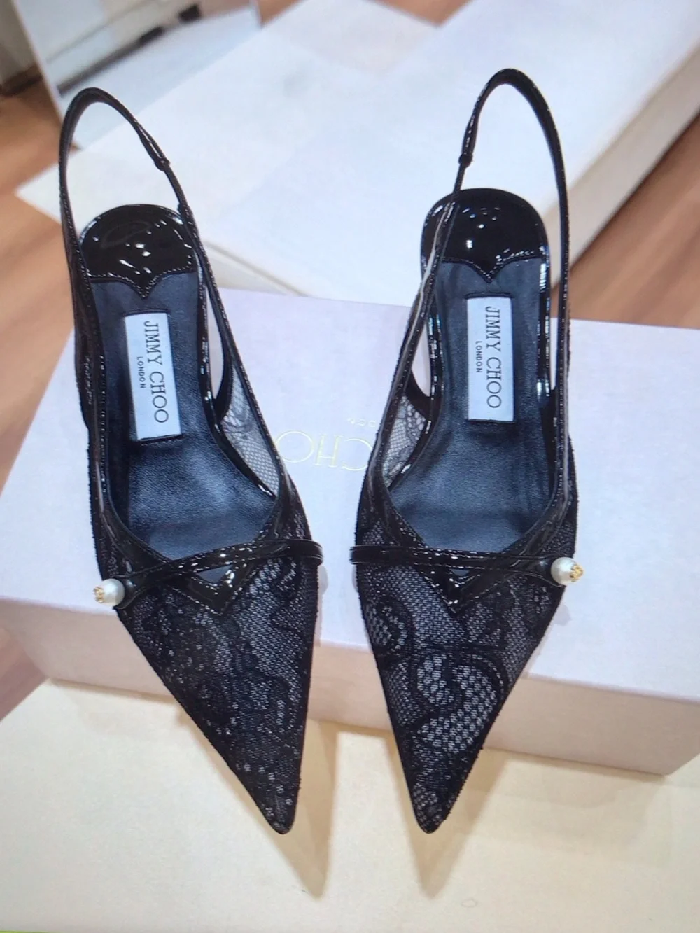 Jimmy Choo Black Lace Pointed Slingback Pumps with Pearl Accent
